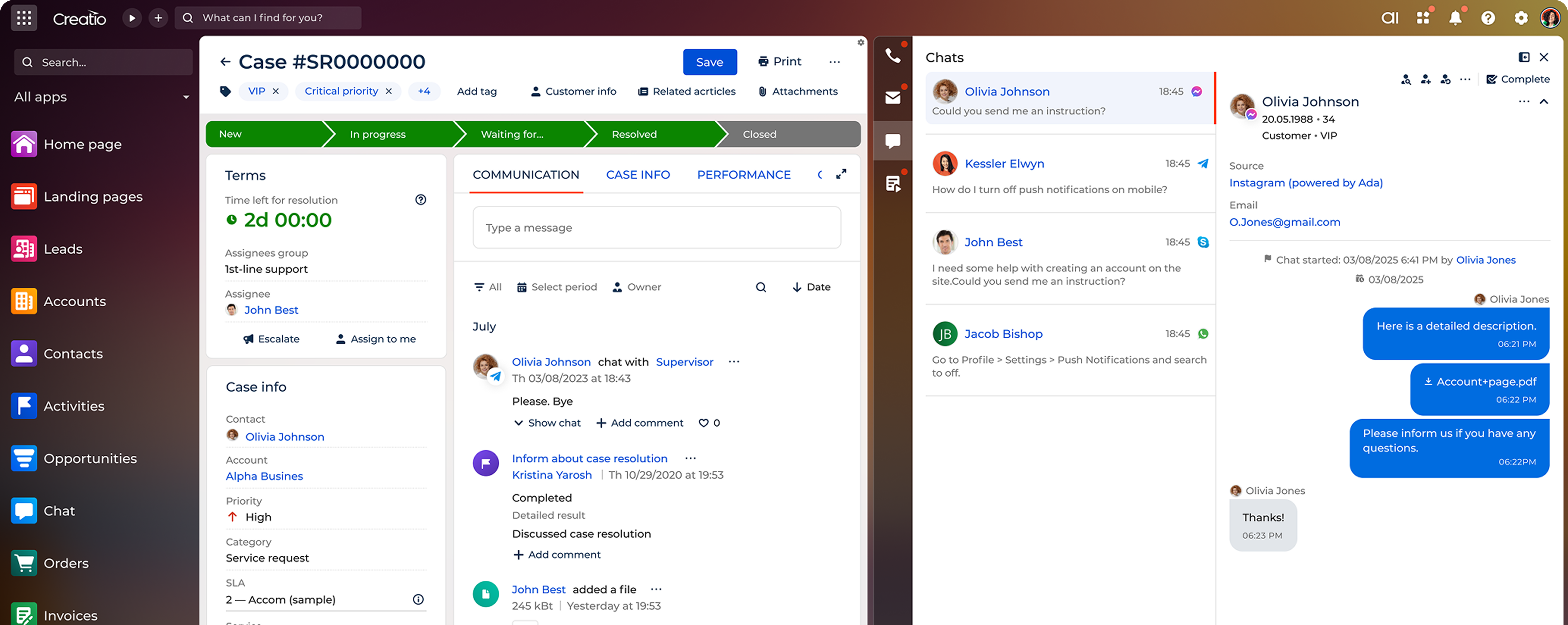 Creatio CRM Interface - Customer Care